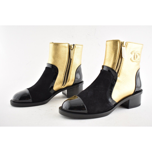 Chanel 18B Gold Black Patent Suede CC Logo Zipper Zip Short Ankle Bootie Boot 35 - Picture 7 of 10